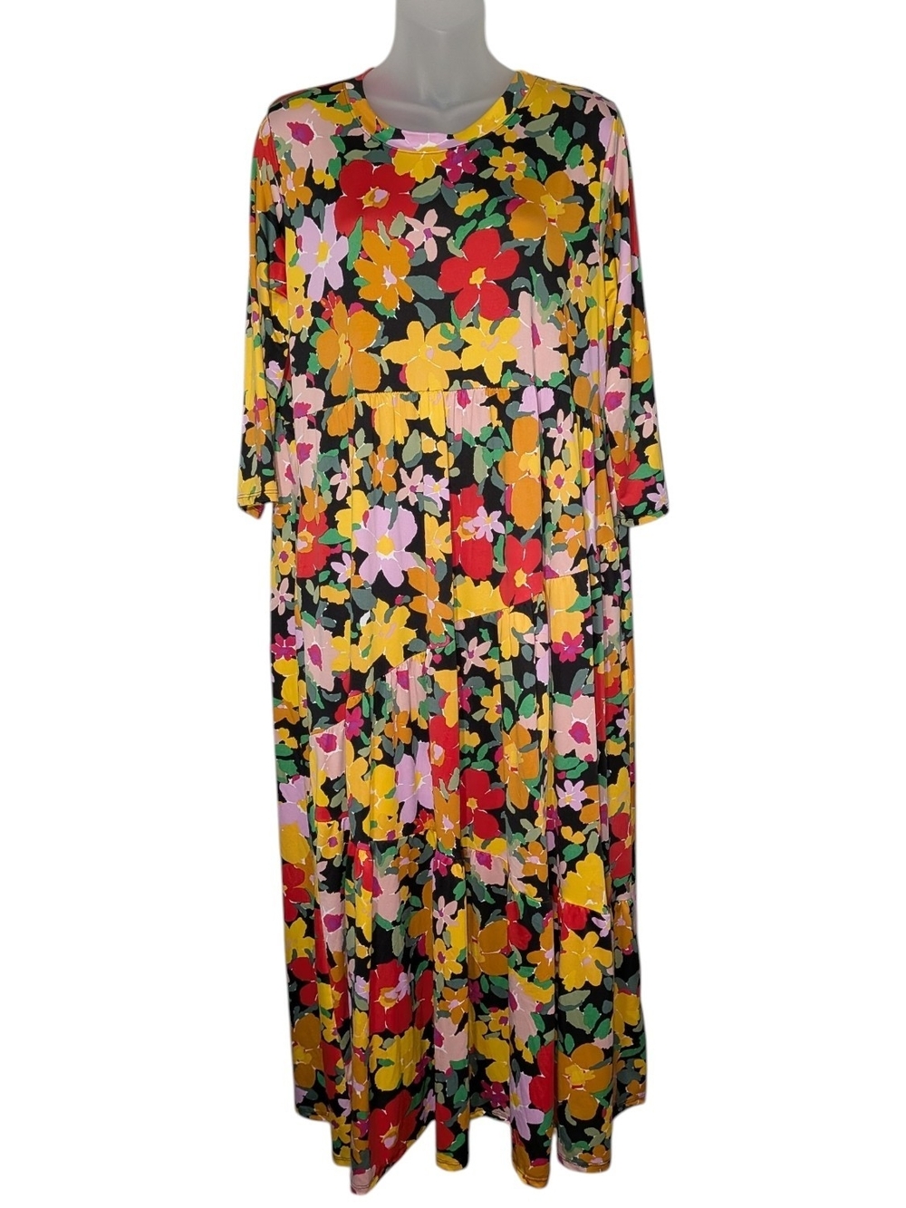 Oversized Large Tiered Floral Print Long Sleeve Dress Vibrant Boho Resort Style